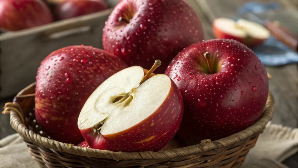 Cosmic Crisp Apples 1 vibrant Cosmic Crisp apples with a deep red, glossy skin speckled with tiny golden lenticels.