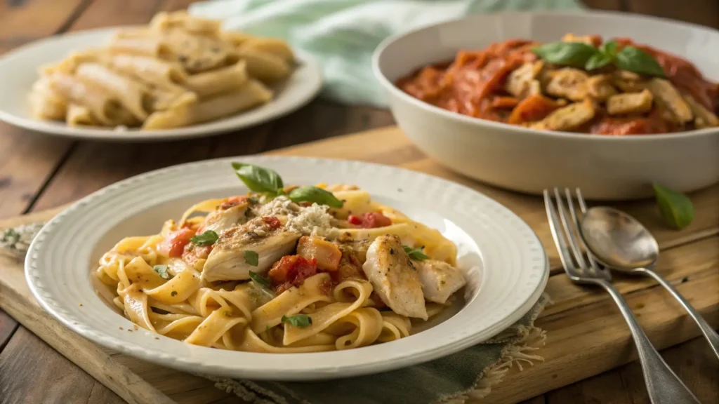 Should Chicken Go in Pasta? 1 delicious pasta dish with and without chicken, inviting the debate on whether chicken belongs in pasta.
