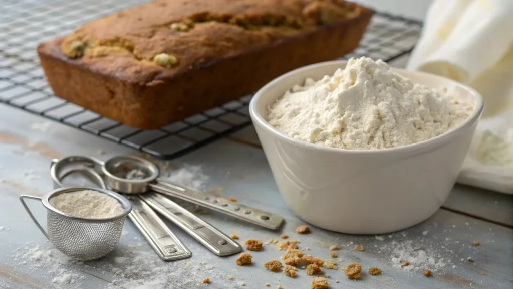 Why Does Banana Bread Collapse After Baking? 2 a cup filled with flour, alongside a set of accurate measuring spoons, emphasizing the importance of precision in baking.