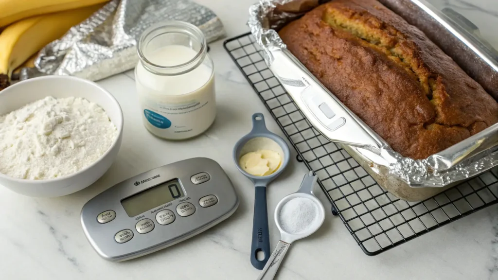 Why Does Banana Bread Collapse After Baking? 3 a kitchen scale, measuring spoons, and ingredients like baking soda, flour, and liquids neatly organized on a countertop.