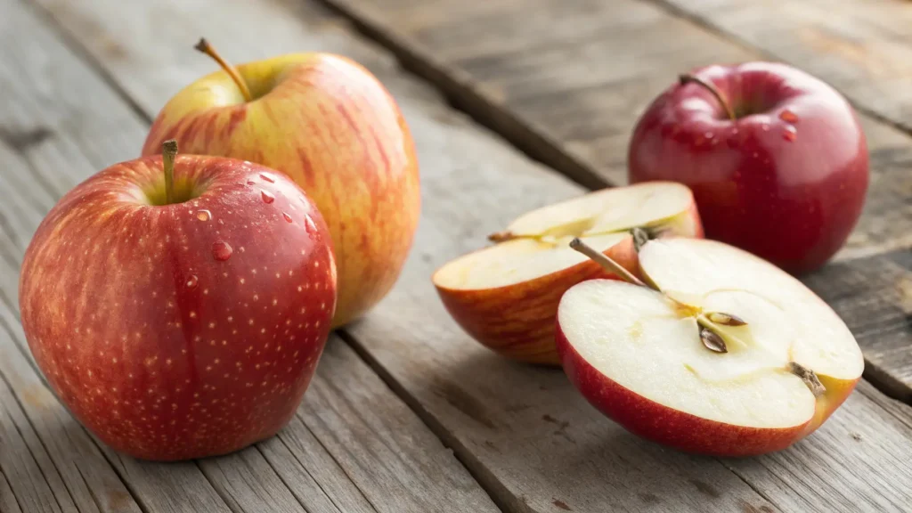 Honeycrisp vs. Cosmic Crisp 1 A side-by-side comparison of Honeycrisp and Cosmic Crisp apples on a rustic wooden surface.