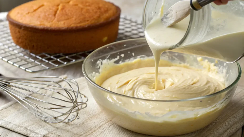 Can You Use Heavy Cream Instead of Milk in Cake? 2 a mixing bowl filled with cake batter as a measuring cup pours in heavy cream instead of milk.