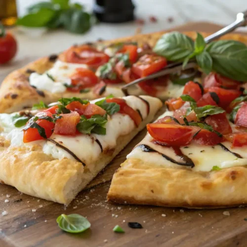 Bruschetta Pizza Recipe 4 freshly baked bruschetta pizza with a golden, crispy crust topped with diced tomatoes, fresh basil, garlic, and a drizzle of balsamic glaze.