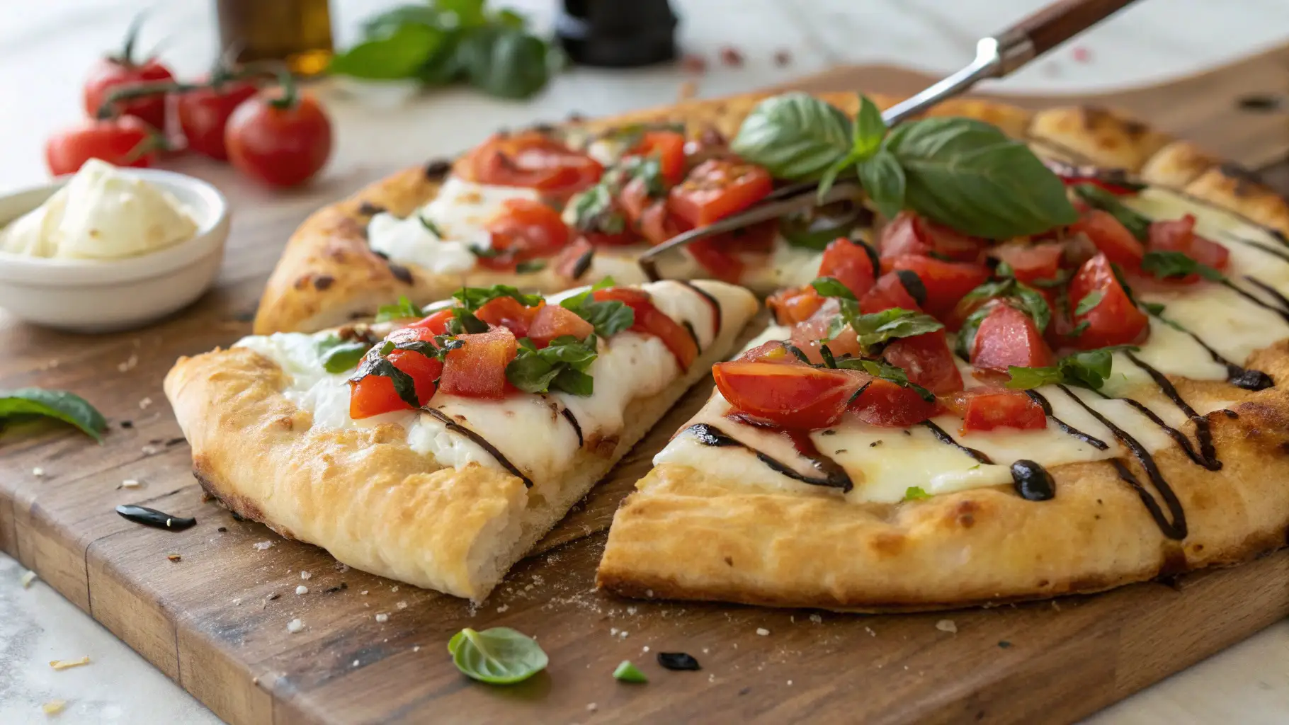 Bruschetta Pizza Recipe 1 freshly baked bruschetta pizza with a golden, crispy crust topped with diced tomatoes, fresh basil, garlic, and a drizzle of balsamic glaze.