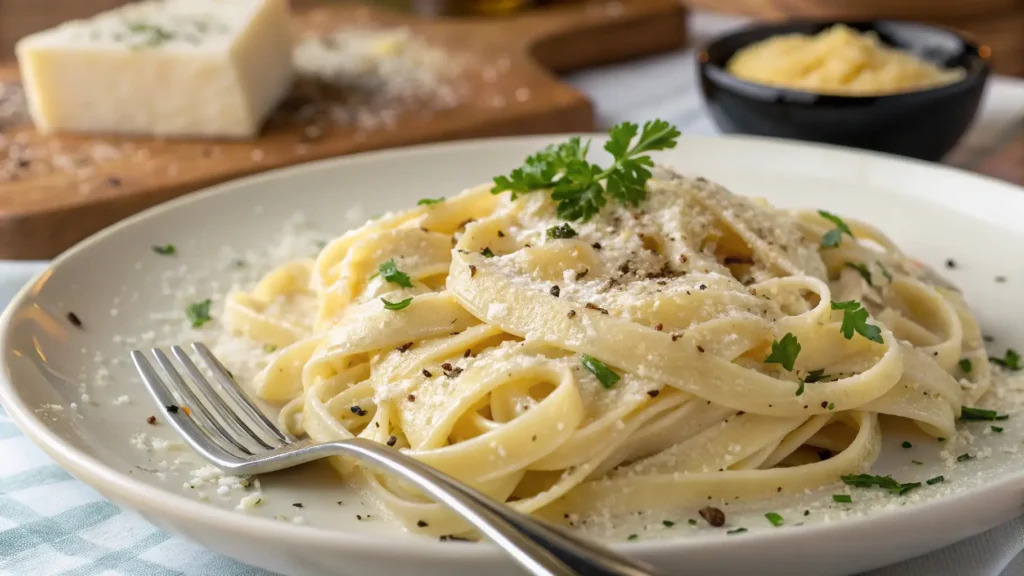 What Makes Alfredo Pasta Taste Better? 1 a plate of Alfredo pasta, featuring silky, creamy sauce coating each strand of fettuccine.