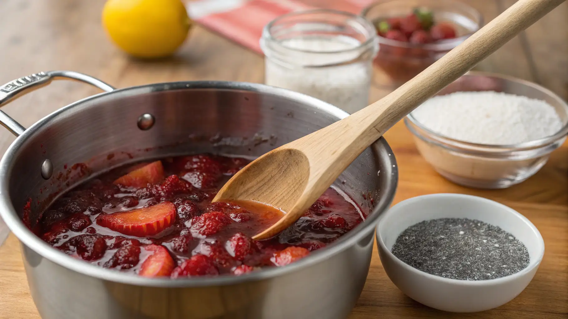 Fruit Compote: How to Thicken It Perfectly 1 a saucepan filled with simmering fruit compote, with a wooden spoon stirring the mixture to achieve the perfect consistency.