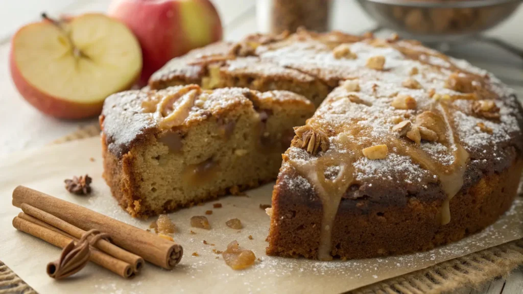 Apple Spice Cake | Best Recipe, Tips, and Variations 1 a freshly baked Apple Spice Cake with a golden-brown, moist texture, infused with warm cinnamon, nutmeg, and cloves.