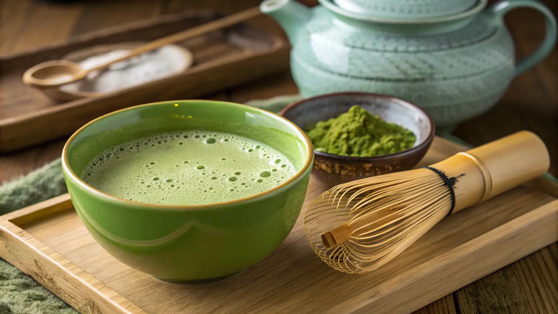 Matcha Green Tea: Benefits, Preparation, and Versatility 1 a vibrant green bowl of matcha green tea, freshly whisked to a smooth, frothy consistency.