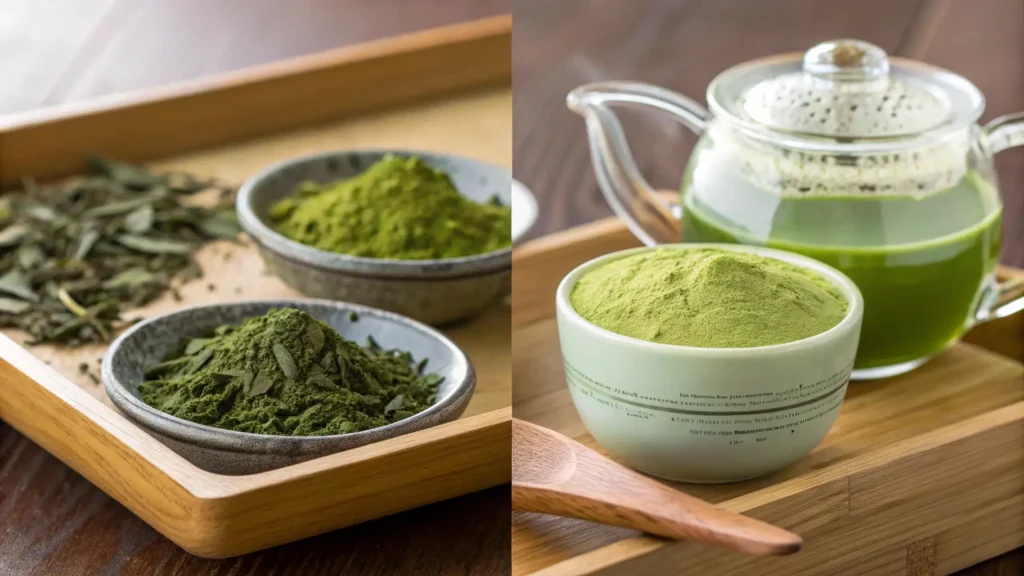 Green Tea and Matcha: Key Differences Explained 1 comparison of matcha and traditional green tea, each displayed in small bowls on a wooden tray.