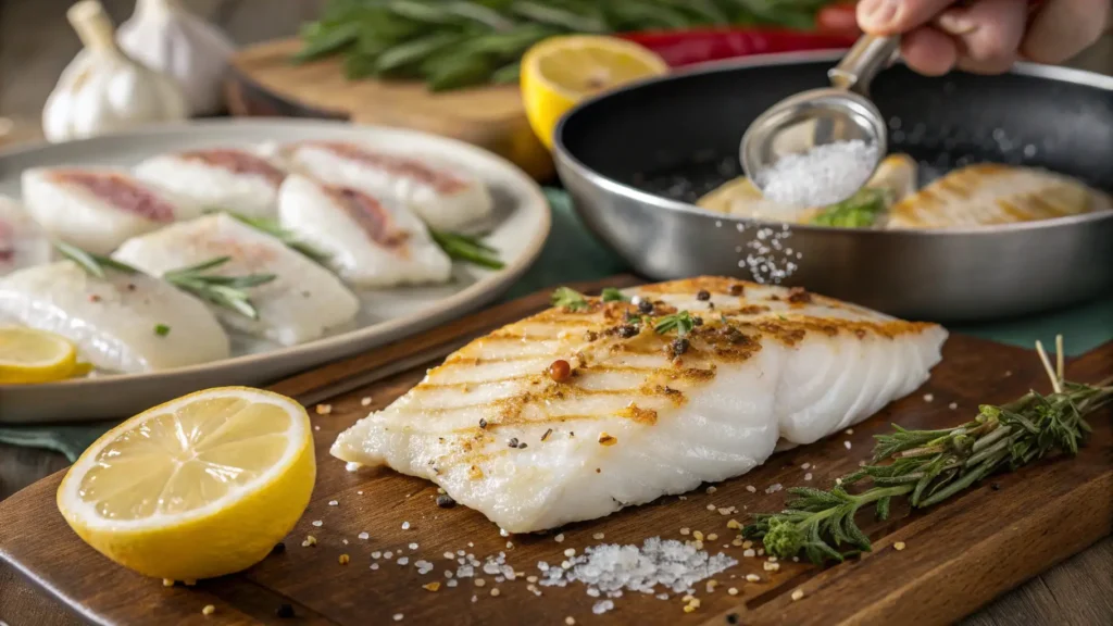 White Fish: Benefits, Types, and Cooking Tips 1 a beautifully plated white fish fillet, cooked to perfection with a golden, flaky texture.