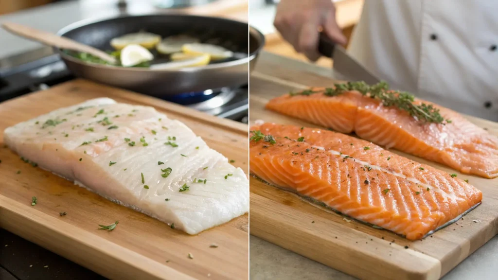 Is Whitefish a Salmon? 1 Side-by-side comparison of whitefish and salmon fillets, each displayed on a wooden seafood board.