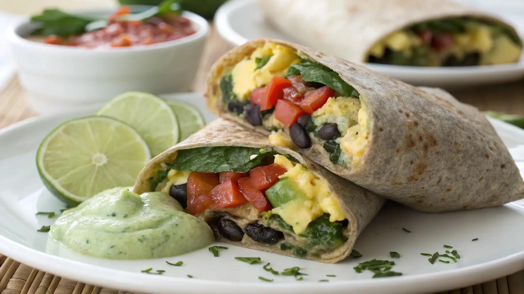 Healthy Breakfast Burrito: A Nutritious Start to Your Day 1 a healthy breakfast burrito sliced in half, revealing a colorful filling of scrambled eggs, sautéed spinach, diced tomatoes, black beans, and melted cheese wrapped in a warm whole wheat tortilla.