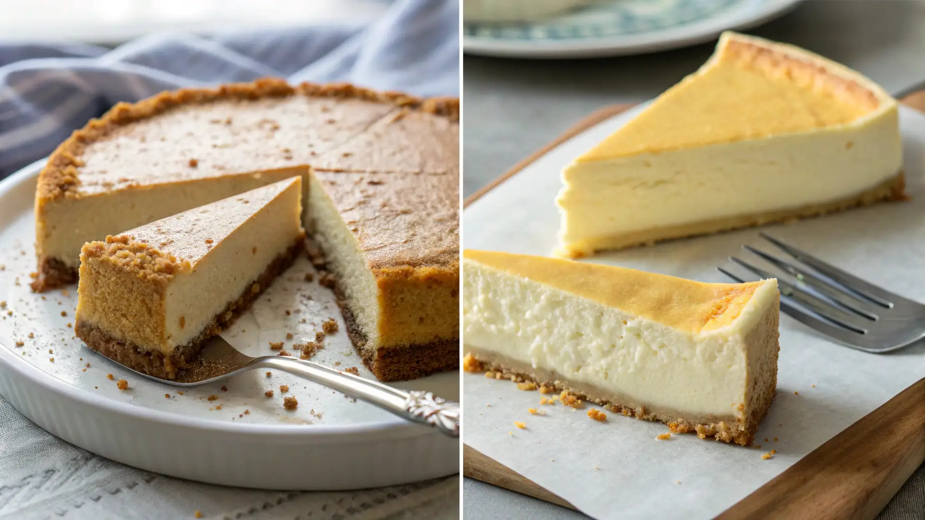Baked and Set Cheesecake: Ultimate Guide to Key Differences 1 Side-by-side comparison of a baked and a no-bake (set) cheesecake, each sliced to reveal their distinct textures.