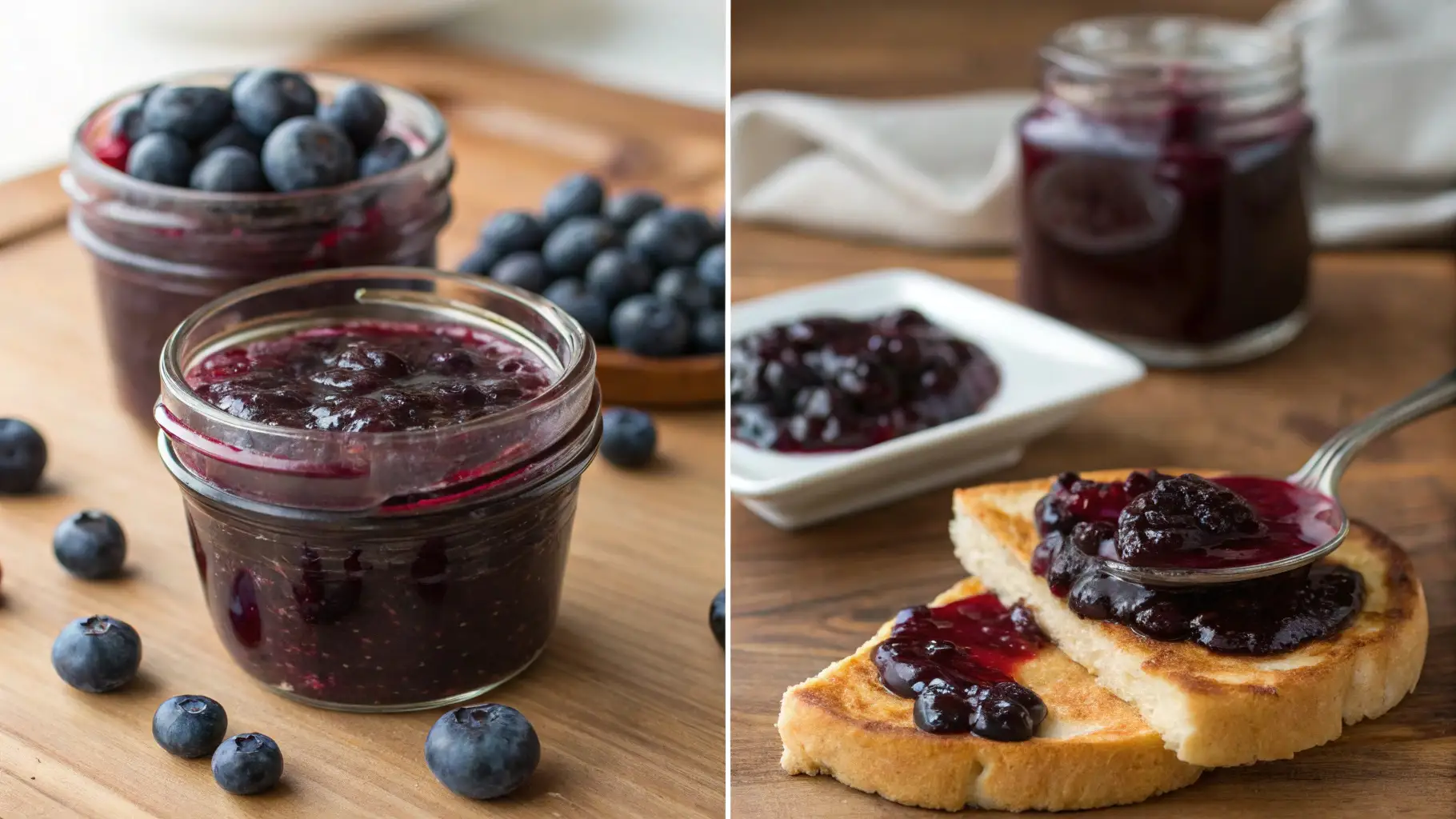 What Is the Difference Between Blueberry Compote and Jam? 1 blueberry compote and blueberry jam, each displayed in small glass jars on a wooden countertop.