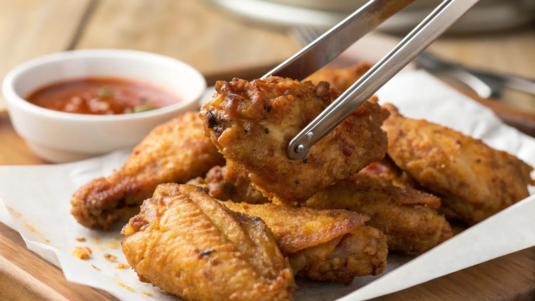 Frozen Chicken Wings in Air Fryer: Crispy, Easy, and Delicious Every Time! 1 golden, crispy frozen chicken wings fresh out of the air fryer, perfectly cooked with a crunchy exterior and juicy interior.
