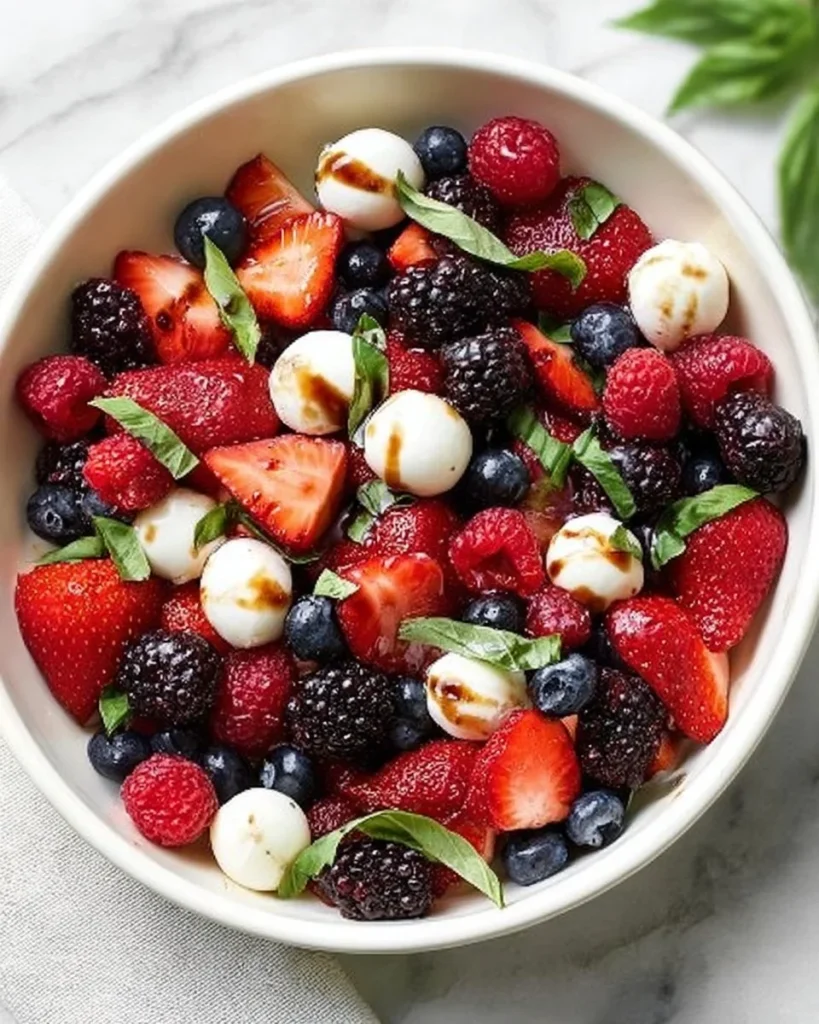 Colorful Berry Caprese Salad with fresh berries, mozzarella, basil, and balsamic dressing.