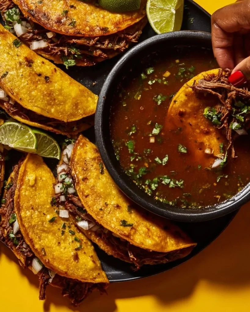 Delicious Birria Tacos served with consomme and fresh toppings.