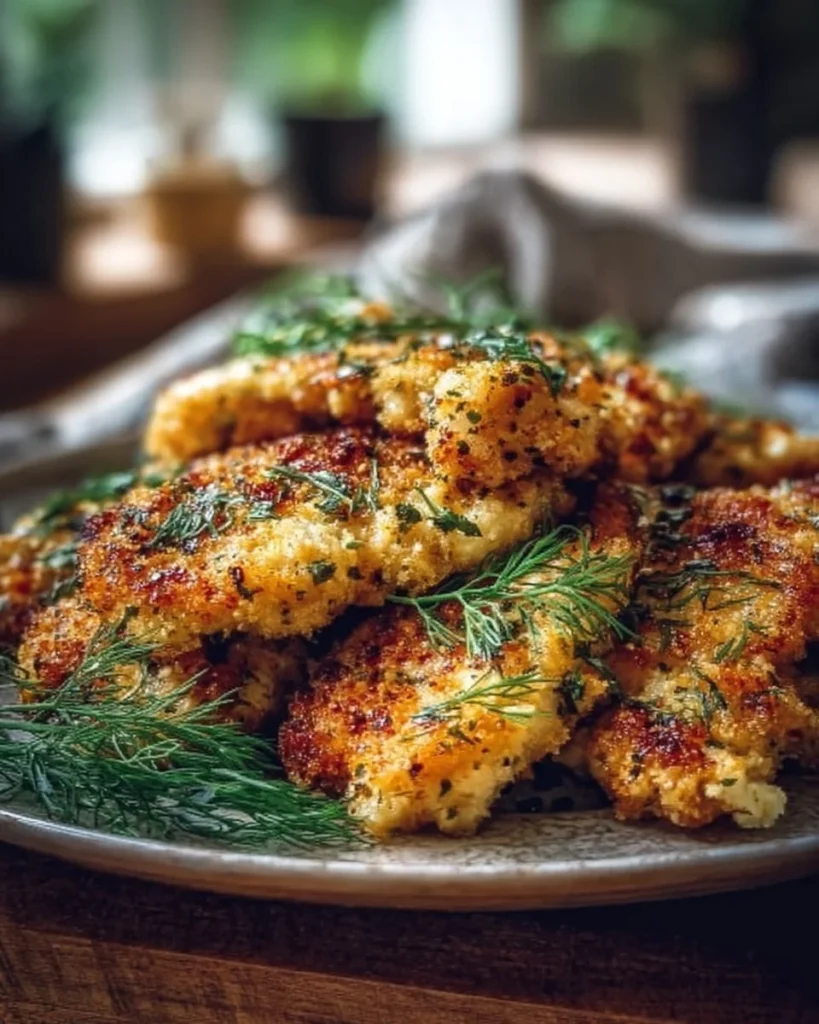 Crispy dill pickle chicken served with a side of dip