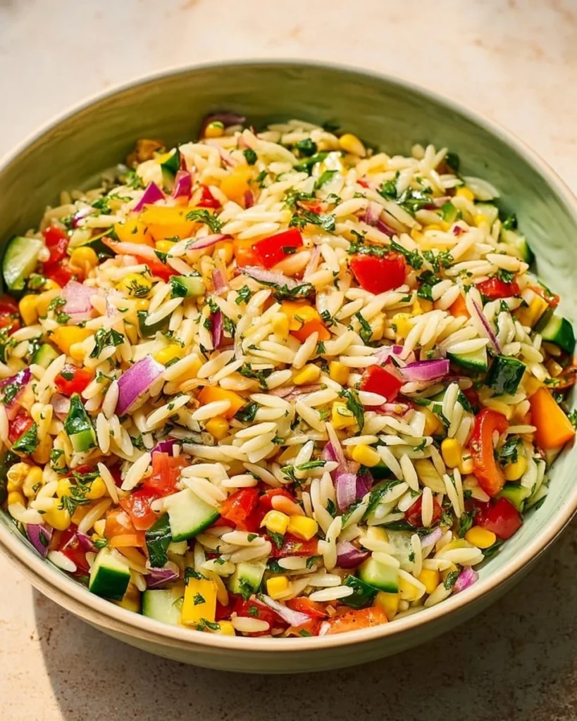 Colorful Rainbow Orzo Salad with crispy veggies in a vibrant bowl