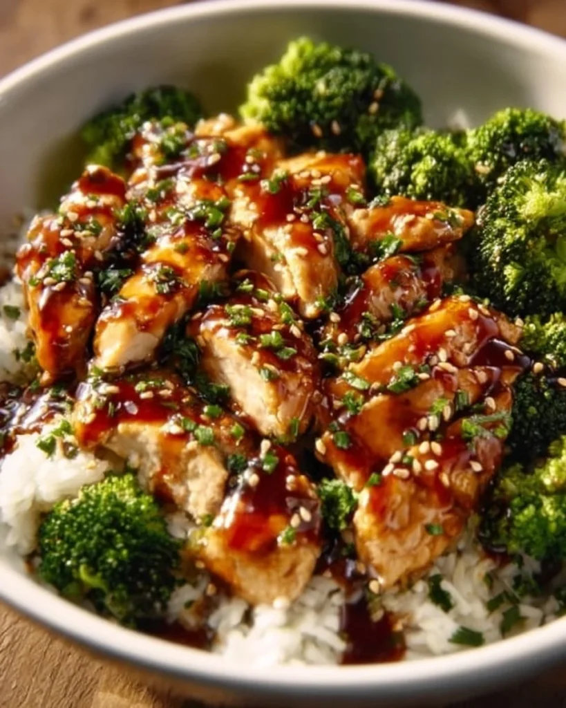 Delicious sticky chicken rice bowl garnished with fresh herbs and vegetables.