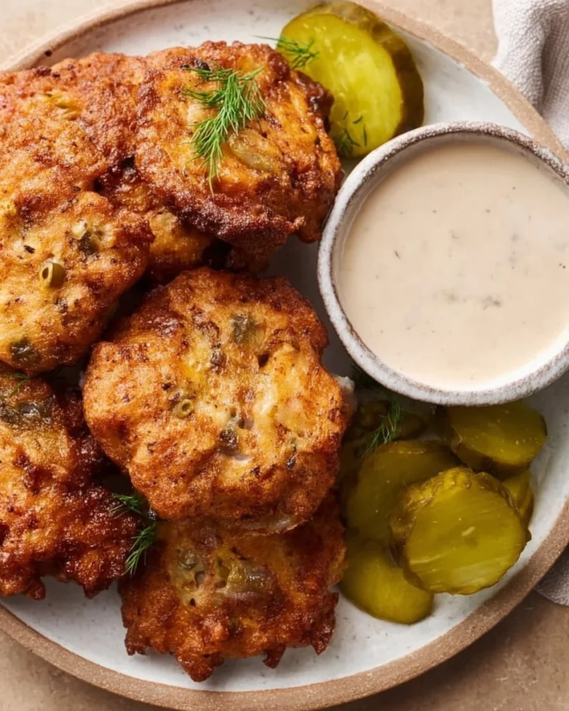 Crispy dill pickle chicken fritters served on a plate with dipping sauce