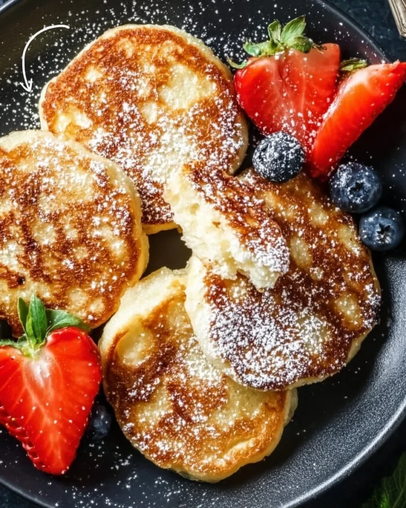 Fluffy cottage cheese pancakes served with syrup and fruits
