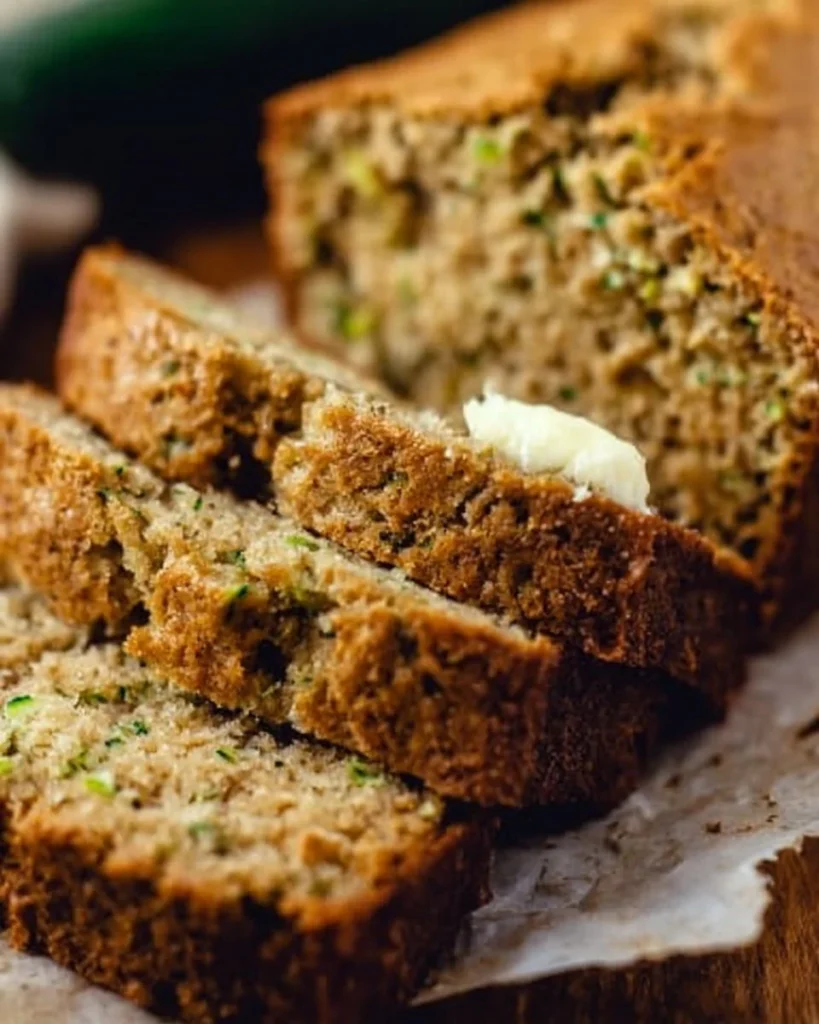 Slice of freshly baked homemade zucchini bread with nuts and spices