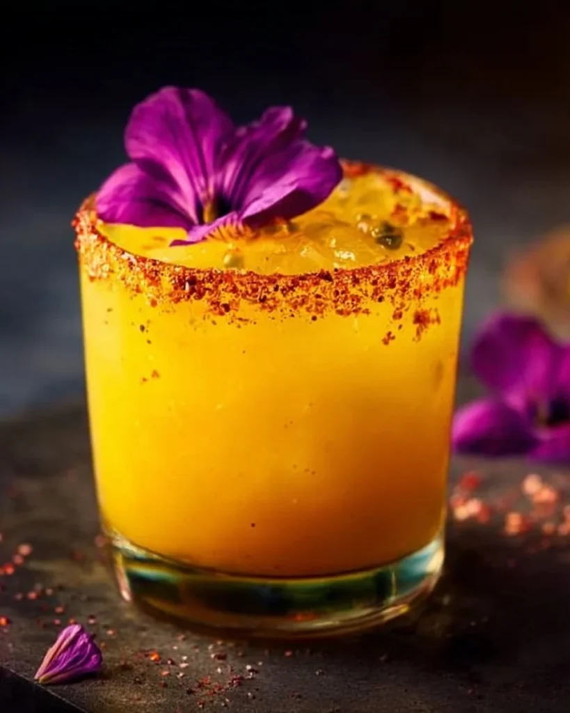 Passion Fruit Margarita with Tajin rim in a stylish cocktail glass