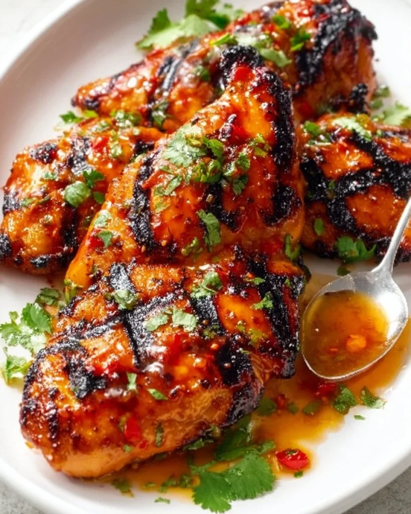Juicy chili garlic chicken recipe inspired by peach preserves served on a plate