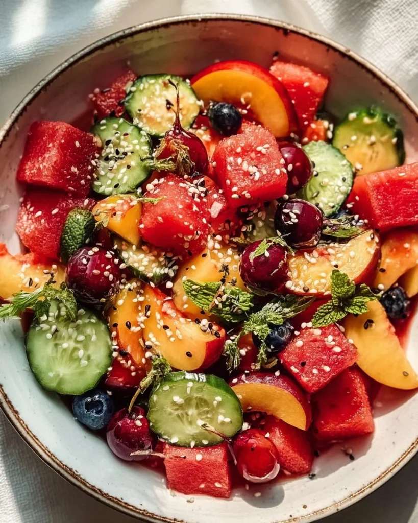 A vibrant watermelon salad with fresh ingredients, ideal for weight loss