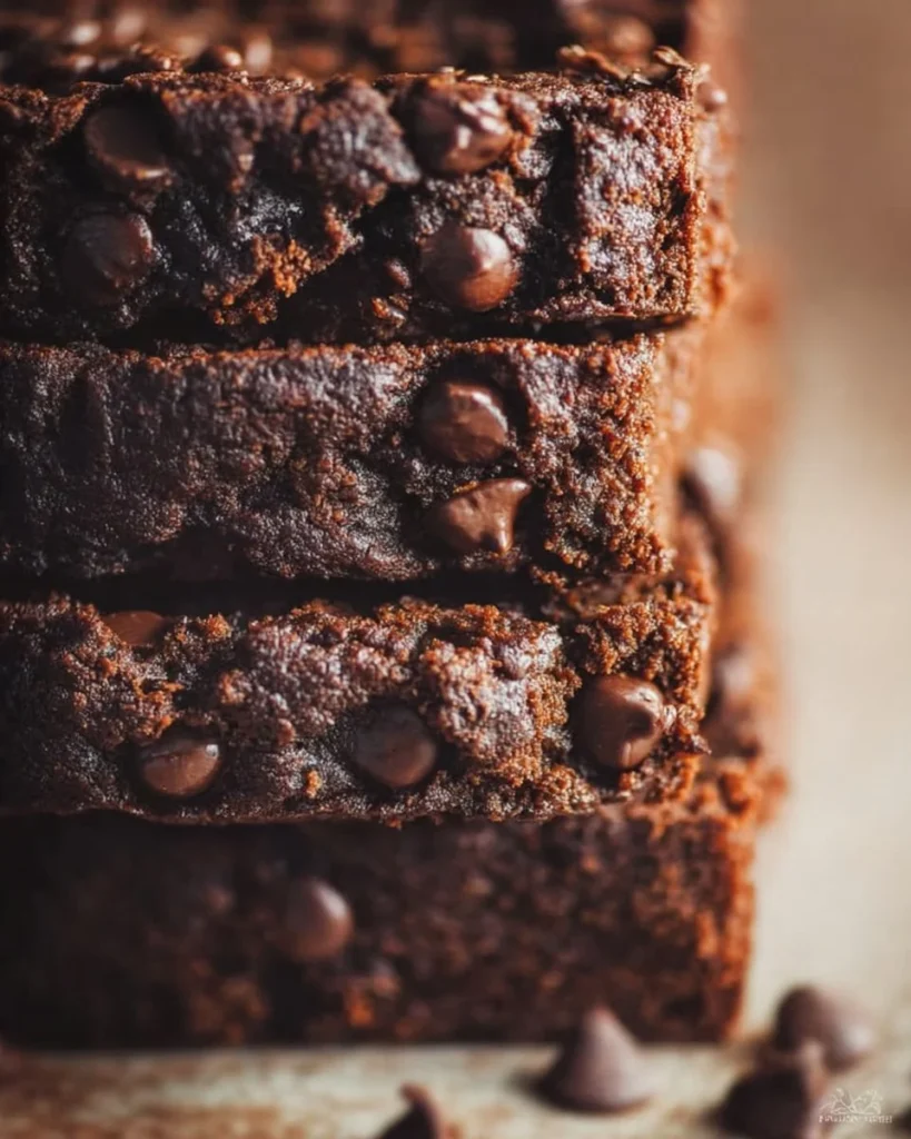 Slice of ultimate moist chocolate zucchini bread with chocolate chips