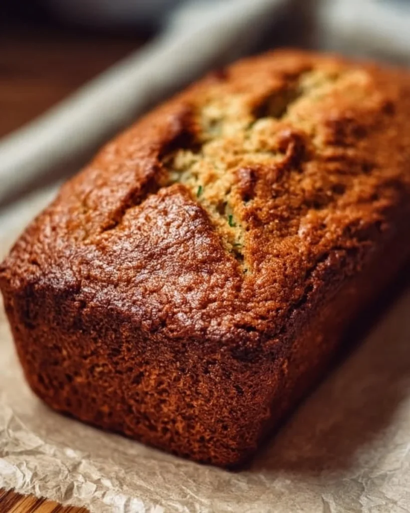 Slice of moist old-fashioned zucchini bread on a cutting board