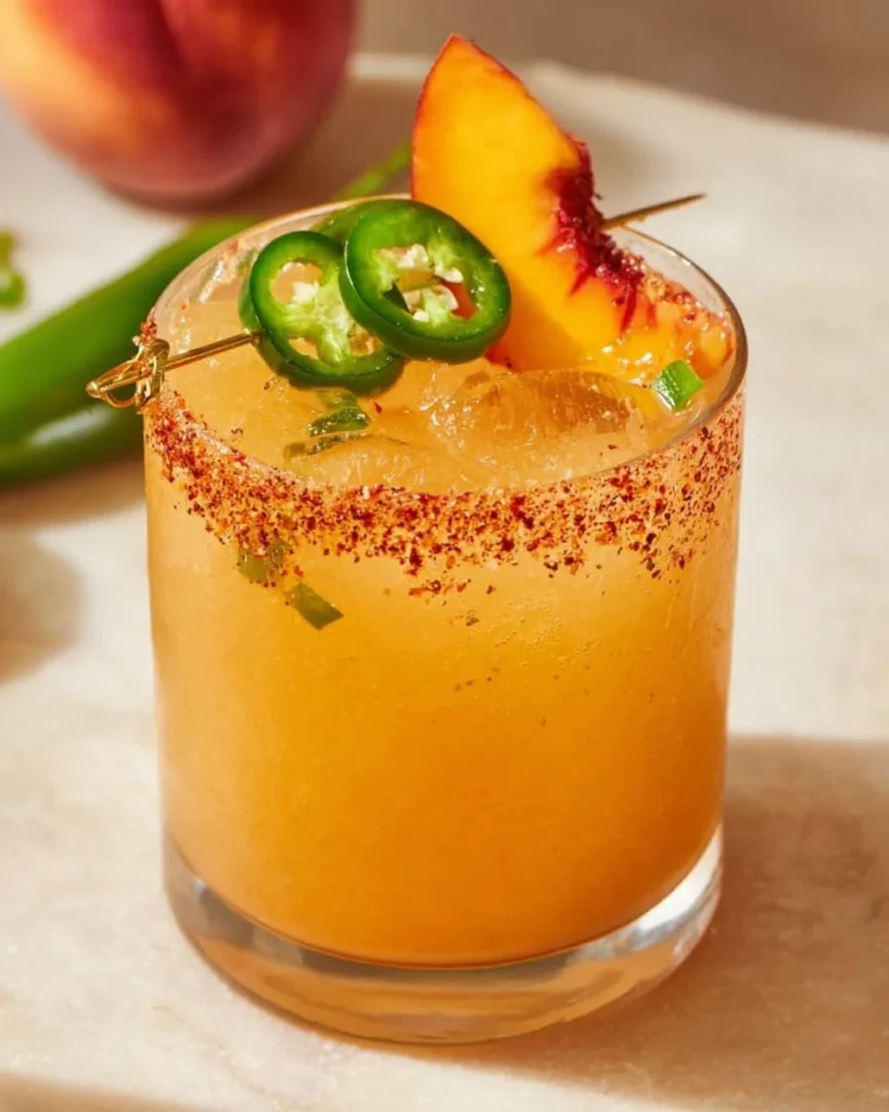 Spicy Peach Jalapeno Margarita in a glass with fresh peaches and jalapenos