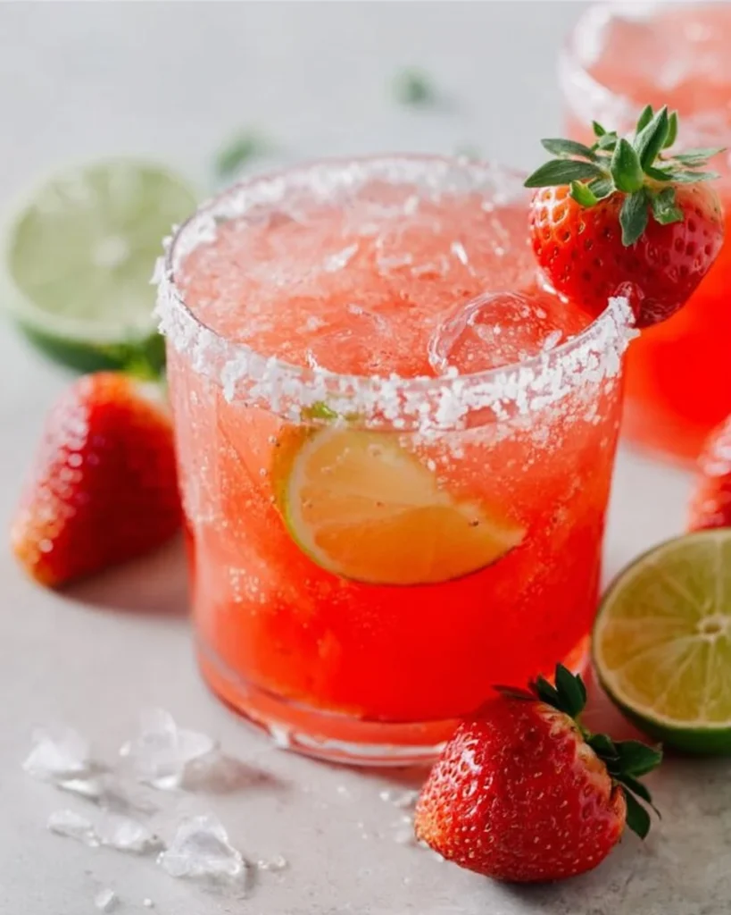 Strawberry lime mocktail margarita in a glass with fresh strawberries and limes