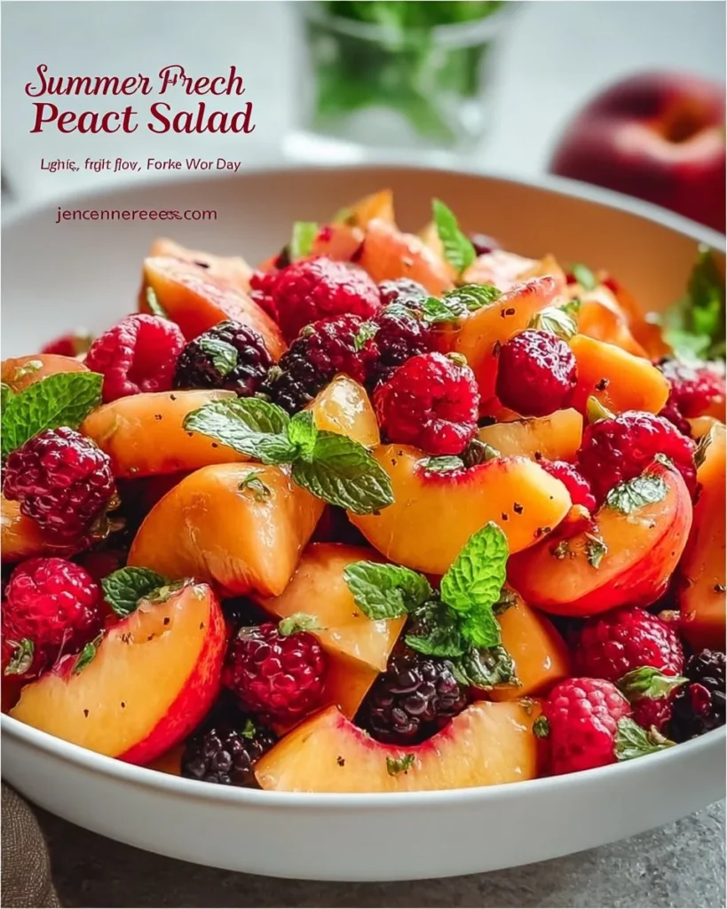 Refreshing Summer Peach Fruit Salad with bright fruits in a bowl