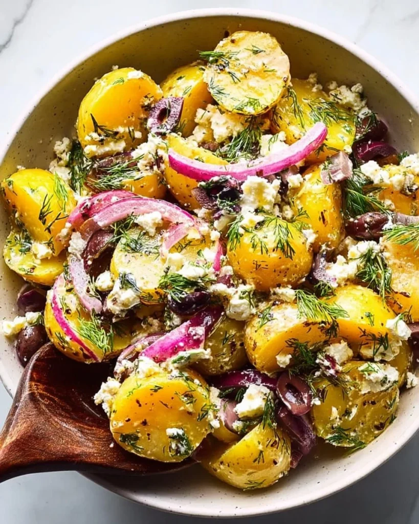 A bowl of sun-kissed potato salad garnished with fresh herbs and olives