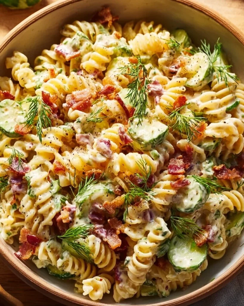 Zesty dill pickle bacon pasta salad in a colorful bowl