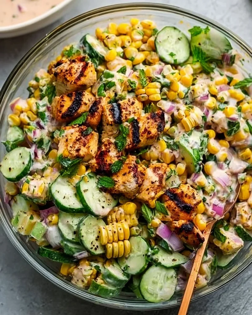 Zesty Street Corn Salad with creamy cucumbers and chicken for busy moms