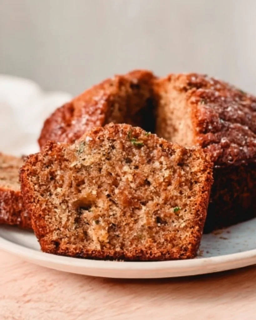 Slice of cream cheese zucchini bread on a plate, showcasing its moist texture.