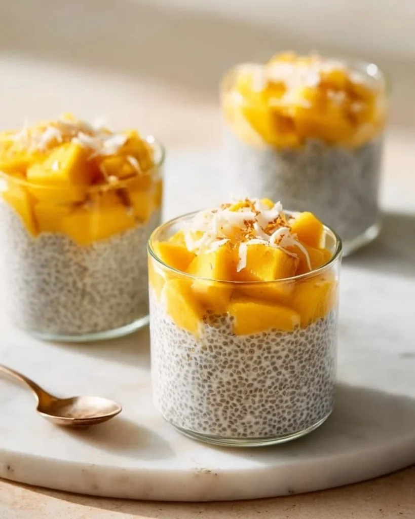 Creamy mango coconut chia pudding in a glass bowl garnished with fresh mango slices