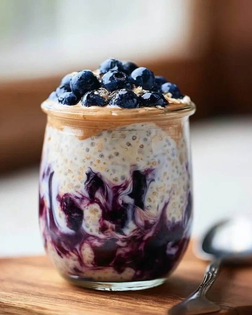 Creamy no-bake blueberry overnight oats served in a bowl with fresh blueberries