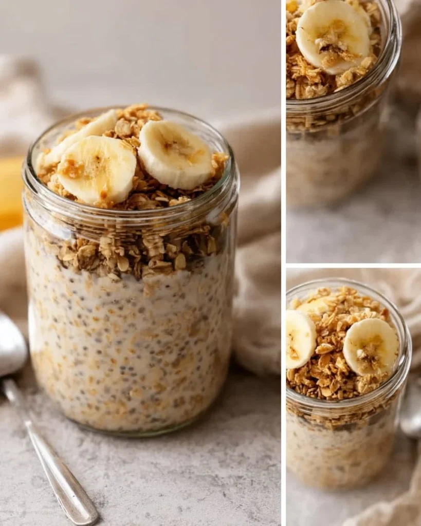 Bowl of creamy brown sugar overnight oats topped with fresh fruit and nuts