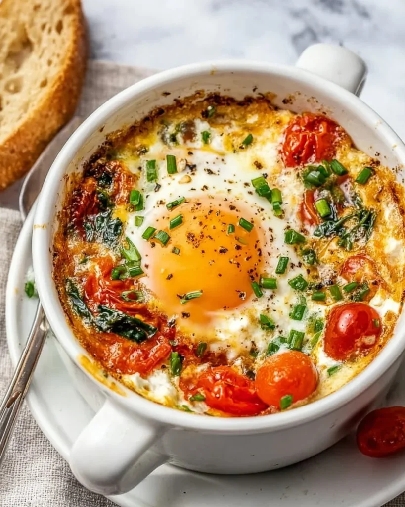 Creamy baked feta eggs dish with herbs and spices, served in a bowl