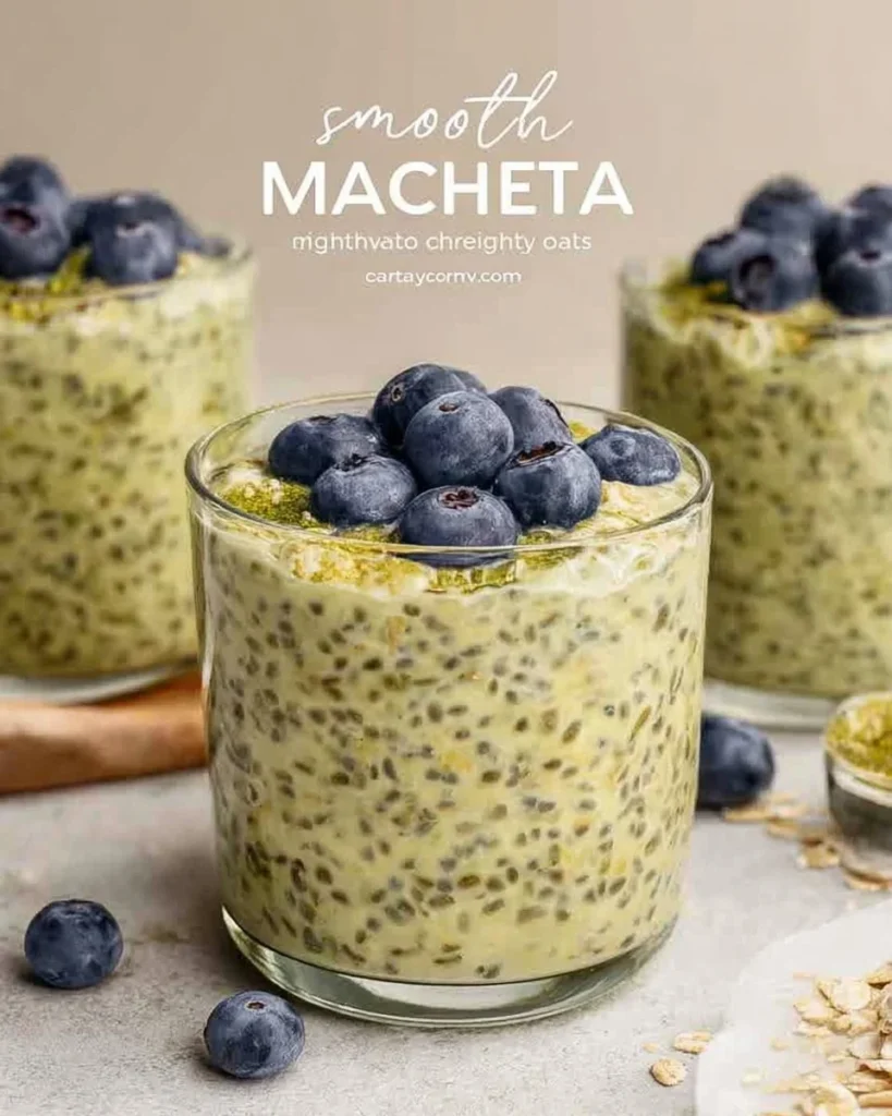 Bowl of matcha overnight oats topped with fresh fruit and nuts