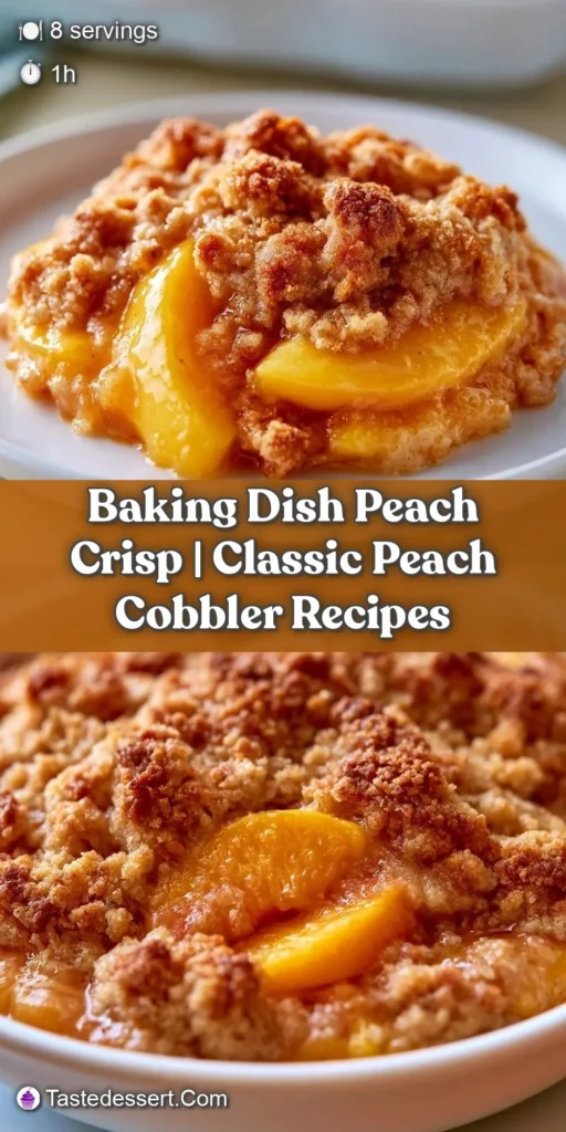 Baked peach crisp with fresh peaches in a baking dish