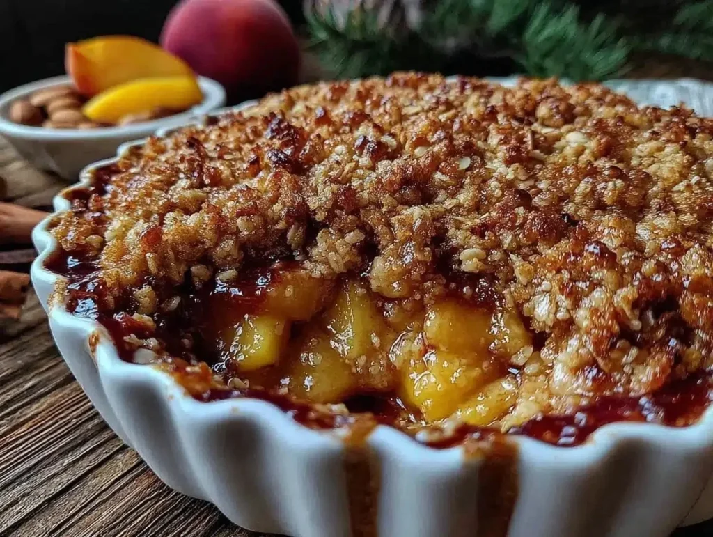 Easy brown sugar peach crisp topped with oat almond crumble