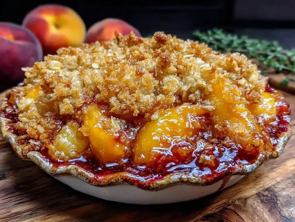 Delicious peach crisp with brown sugar oat topping served in a bowl.