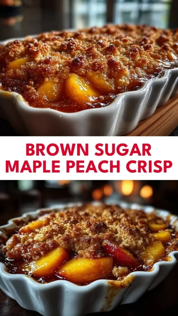 Delicious brown sugar maple peach crisp dessert topped with oats